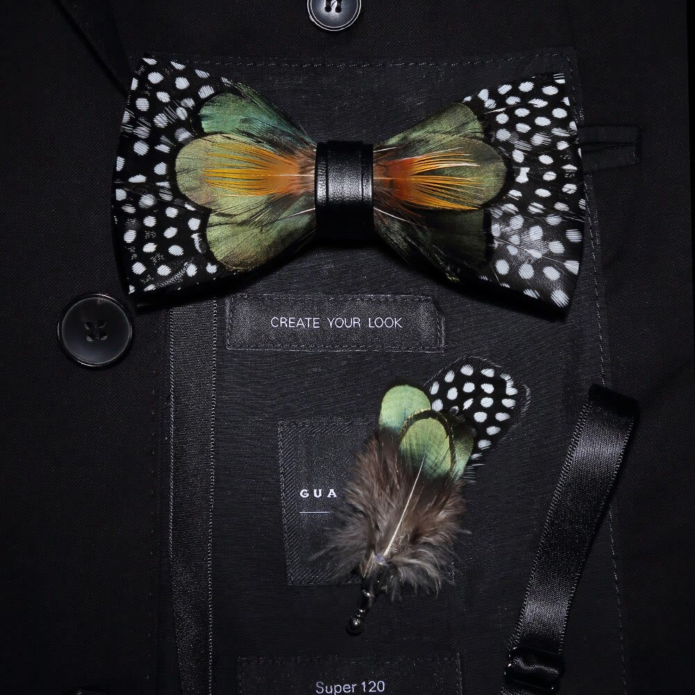 ForestGreen & Orange White Dots Feather Bow Tie with Lapel Pin