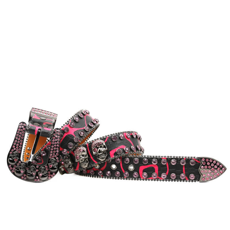 Skull Inlaid Design Rhinestone Rivet Leather Belt