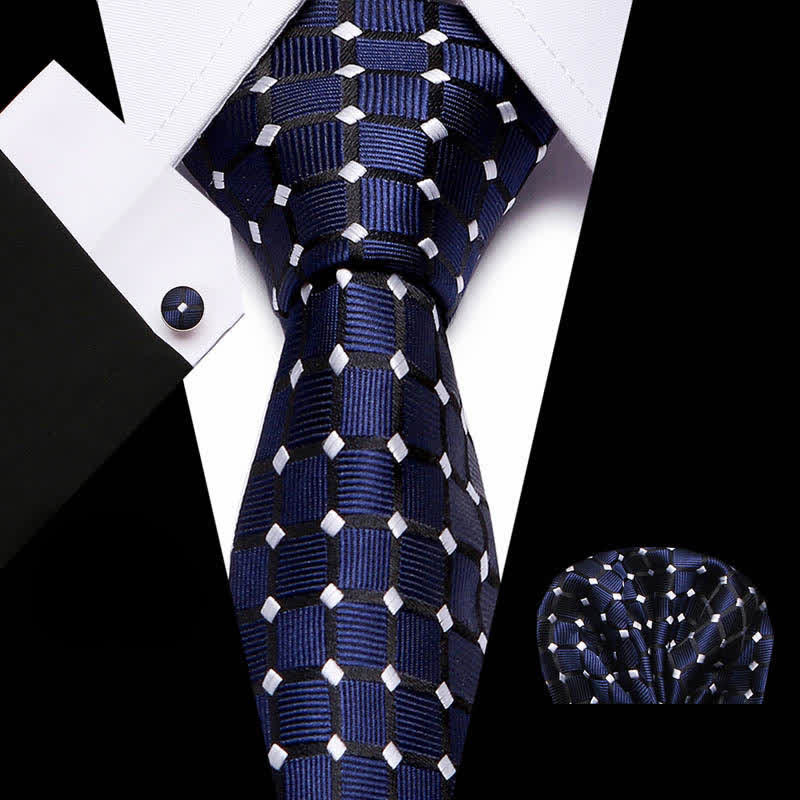 3Pcs Men's MidnightBlue & White Checked Necktie Set