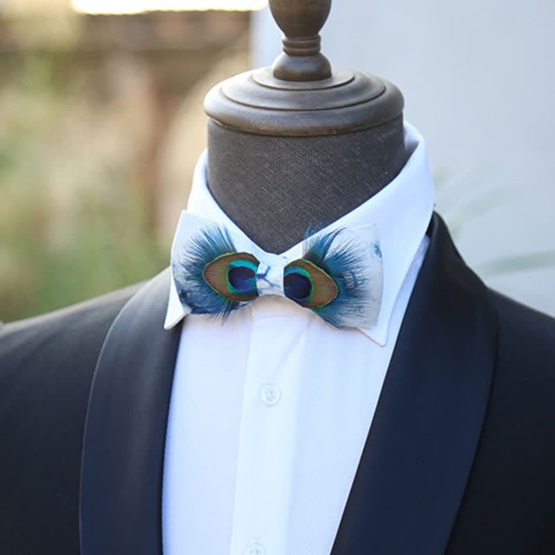 Blue & White Dye Eye Peacock Feather Bow Tie