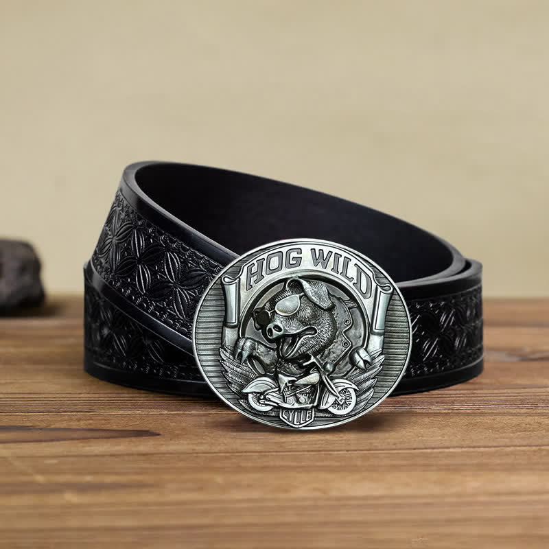 Men's DIY Hog Wild Motorcycle Pig Buckle Leather Belt