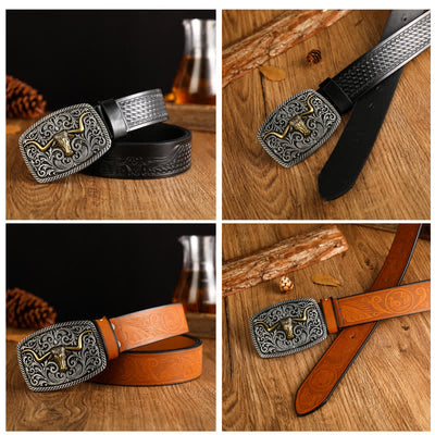 Men's Flower Square Bull Buckle Leather Belt