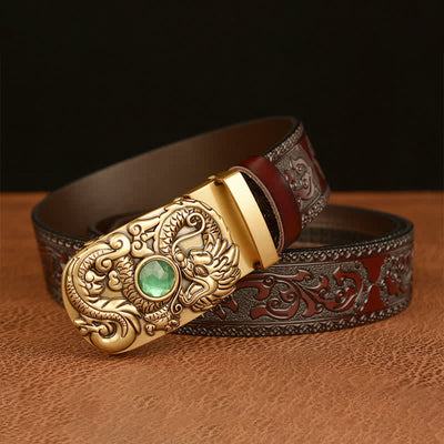 Men's Engraved Dragon Gemstone Leather Belt