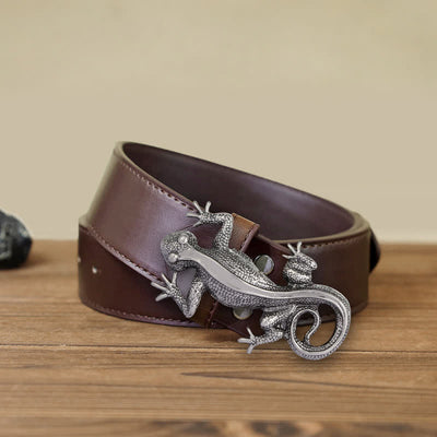 Men's DIY Unique Animal Silver Lizard Buckle Leather Belt