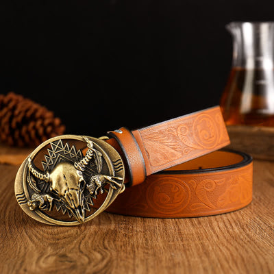 Men's Bull Skeleton Head Buckle Leather Belt