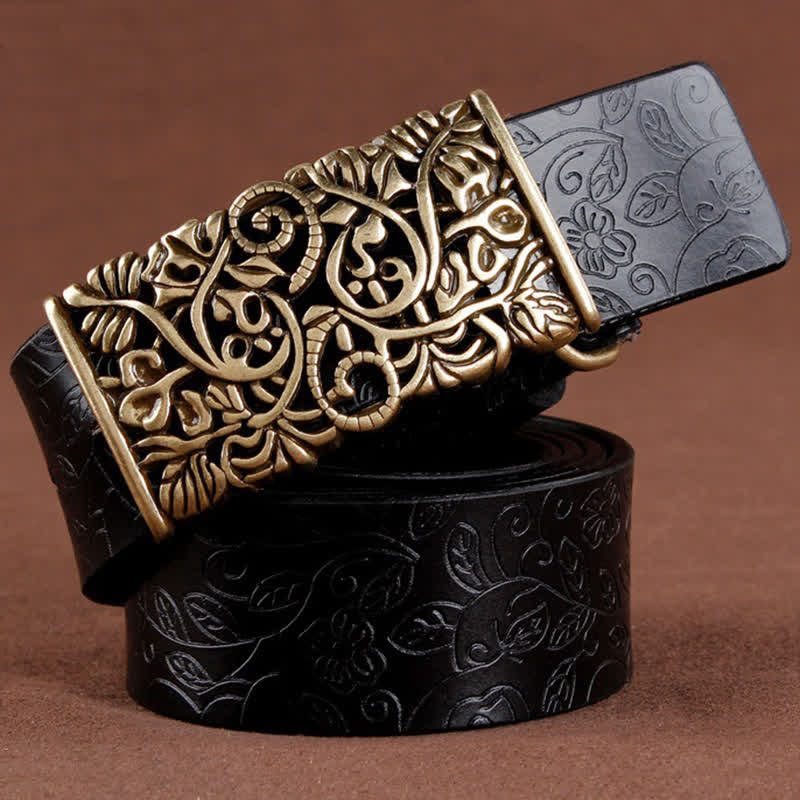 Women's Retro Embossed Hollow Flower Buckle Leather Belt