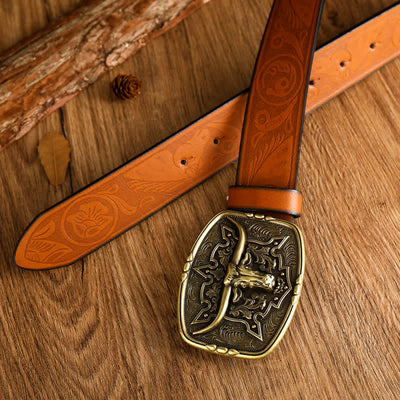 Men's Western Style Cow Head Printed Leather Belt