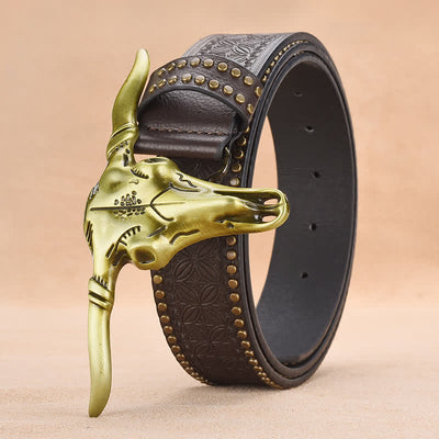 Men's Western Cattle Head Rivet Embossed Leather Belt