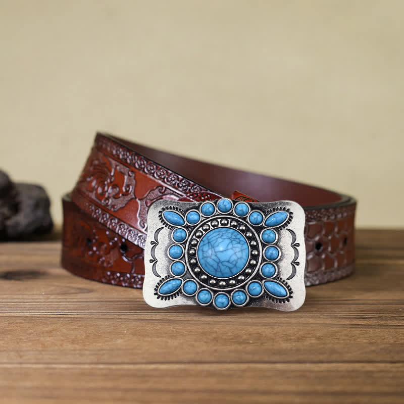 Men's DIY Rectangular Turquoise Stone Buckle Leather Belt