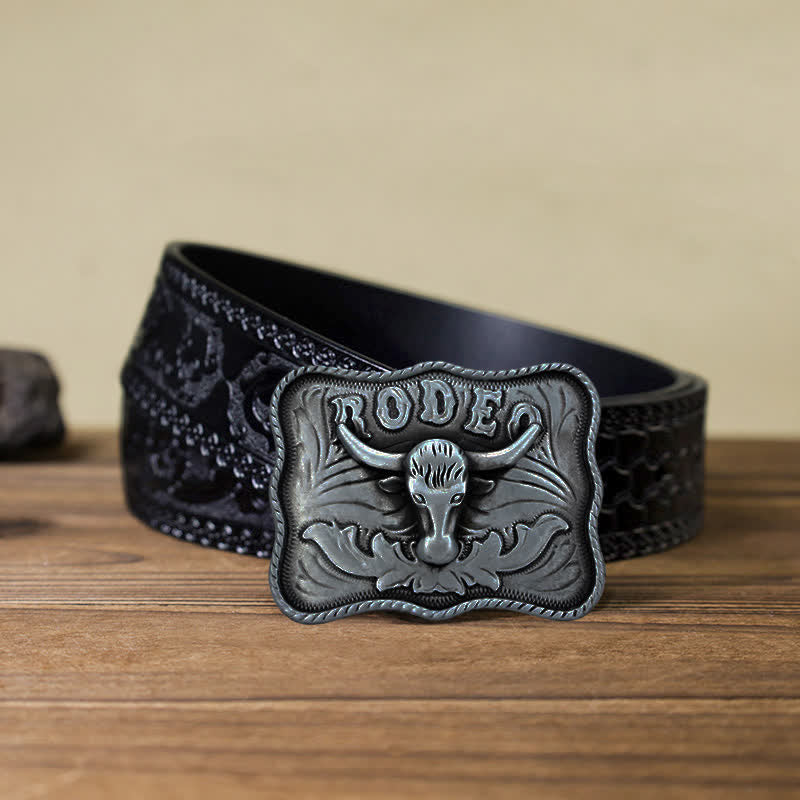 Men's DIY Silver Longhorn Bull Rodeo Buckle Leather Belt