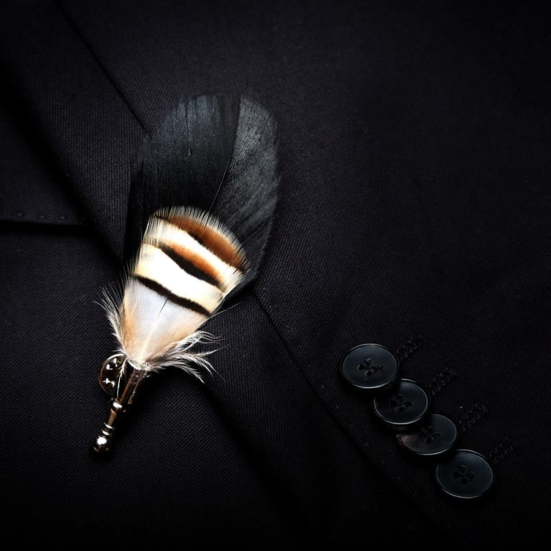 Brown & Black Swan Feather Bow Tie with Lapel Pin