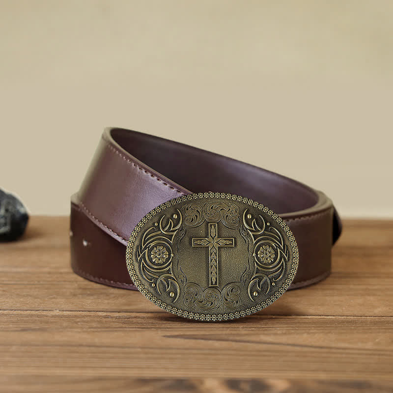 Men's DIY Carved Cross Flower Buckle Leather Belt