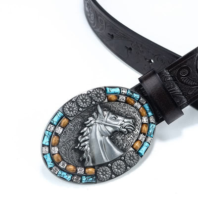 Men's Cowboy Horse Head Turquoise Leather Belt