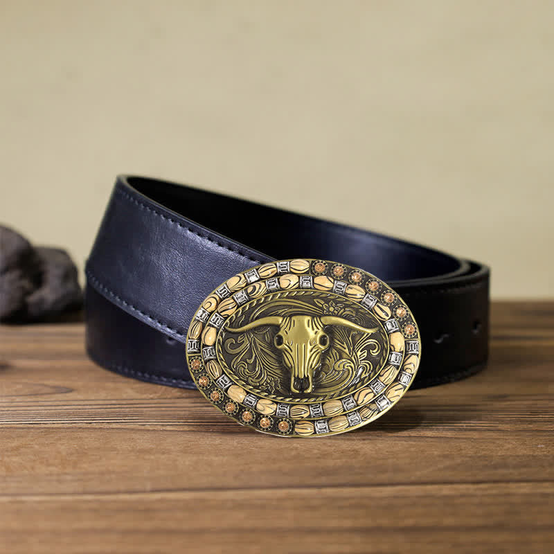 Men's DIY Gold Bull Head Beads Decor Buckle Leather Belt