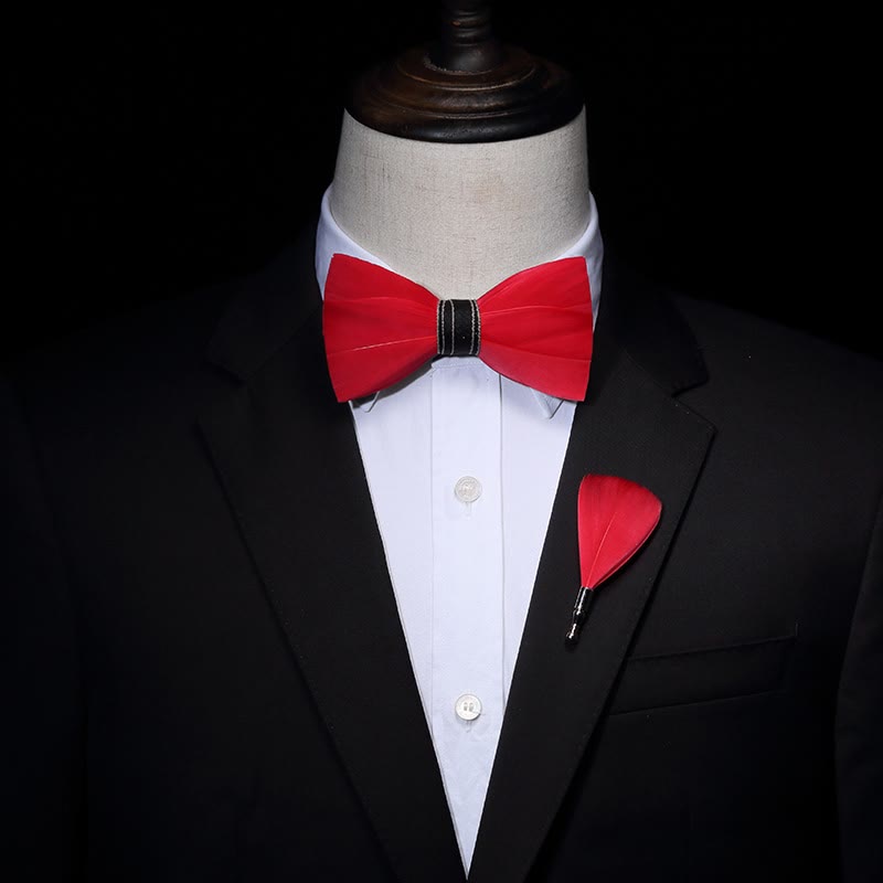 Solid Red Classic Feather Bow Tie with Lapel Pin