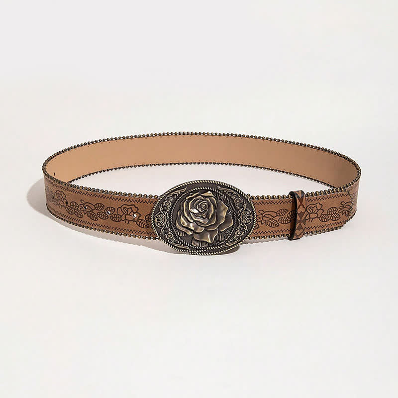 Western Style Rose Shaped Buckle Printed Leather Belt