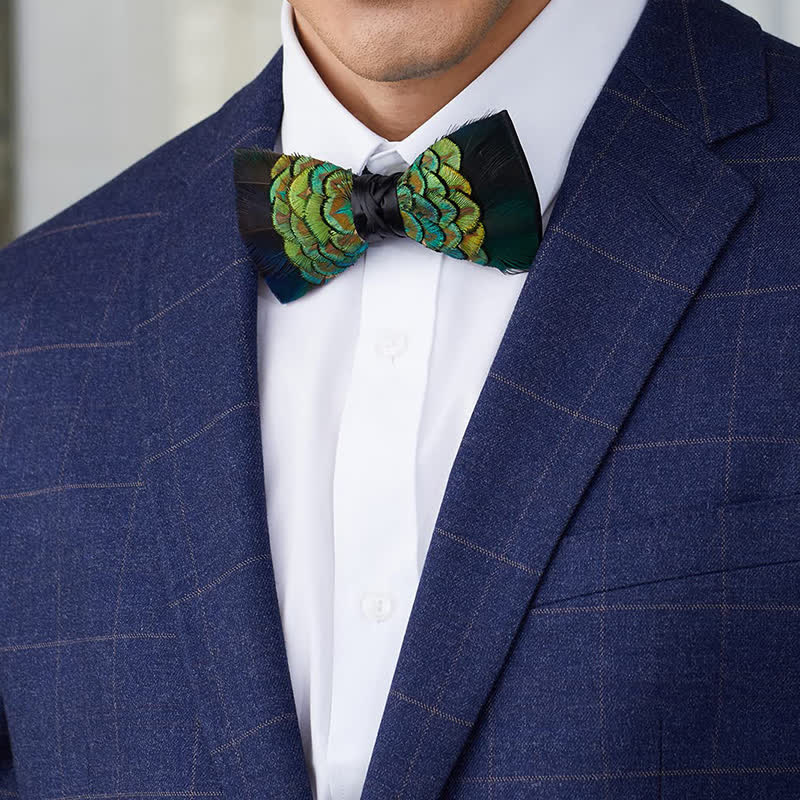 YellowGreen & Black Forest Goose Feather Bow Tie