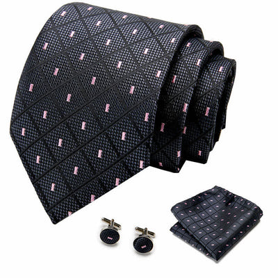 3Pcs Men's Black & Pink Check & Dots Necktie Set