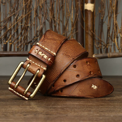 Men's Distressed Double Needle Buckle Leather Belt