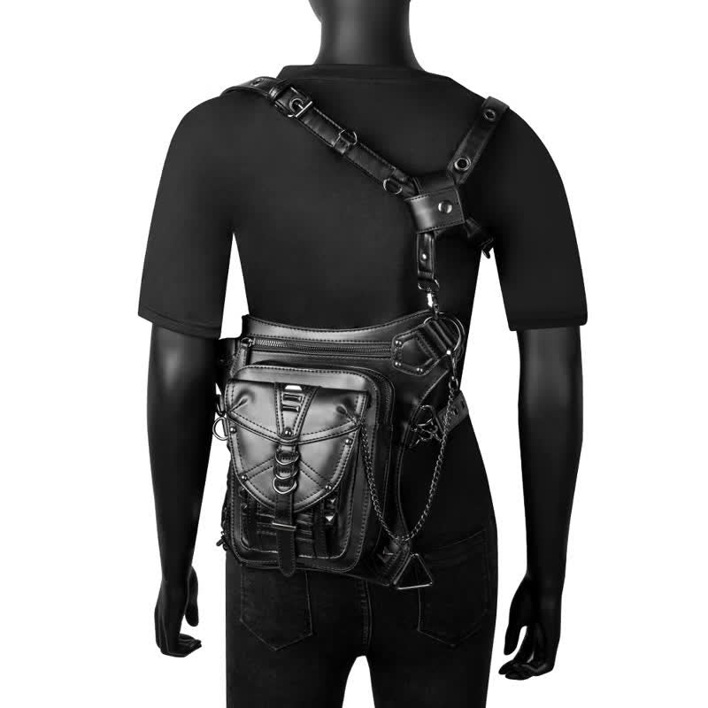 Black Motorcycle Punk Rivet Steampunk Waist Leg Bag