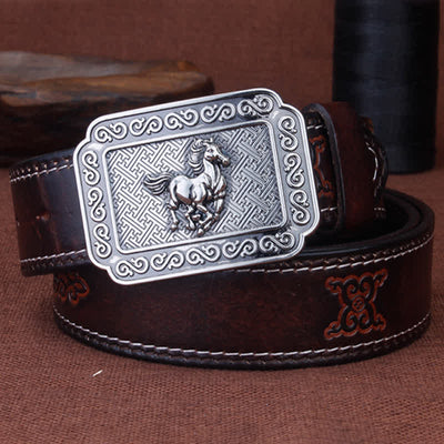 Men's Ethnic Cowboy Silver Horse Leather Belt