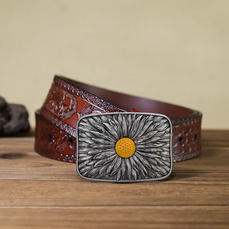 Men's DIY Lovely Daisy Western Buckle Leather Belt