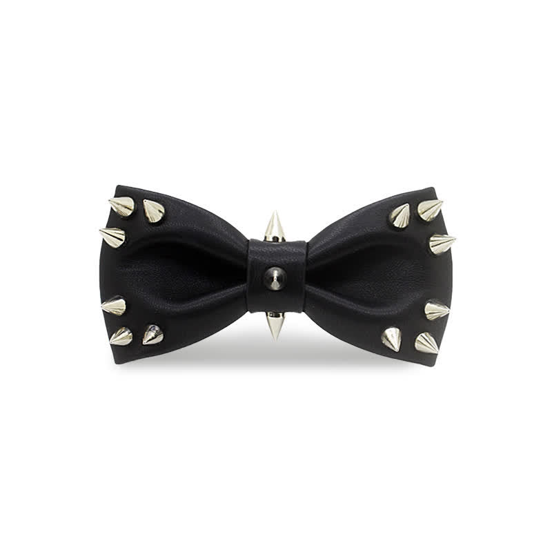 Men's Black Rivet Spiked Leather Bow Tie