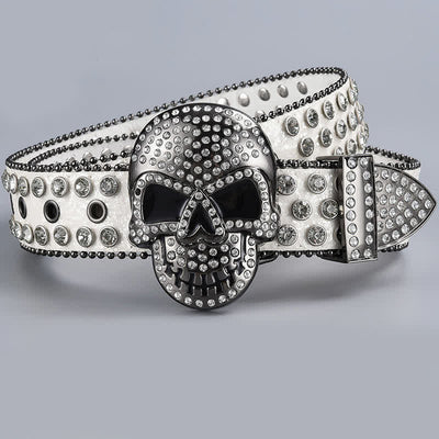 Punk Death Ghost Rhinestone Beaded Leather Belt