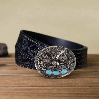 Men's DIY Horse Eagle Faux Turquoise Buckle Leather Belt