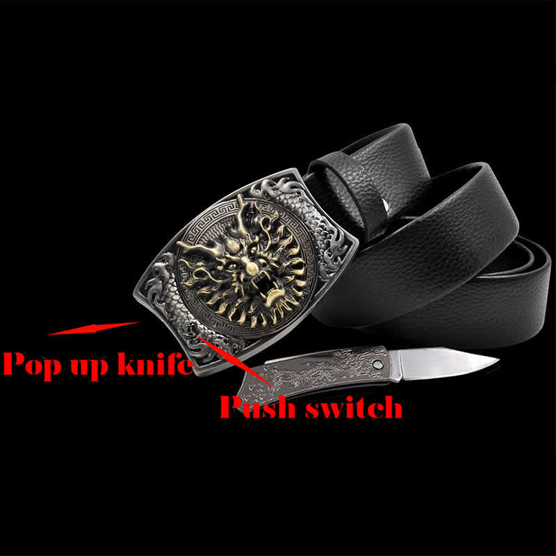 Men's Brave Dragon Leather Belt With Folding Knife