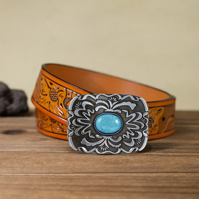 Men's DIY Turquoise Stone Flower Buckle Leather Belt