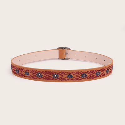 Women's Ethnic Style Flower Embroidery Leather Belt