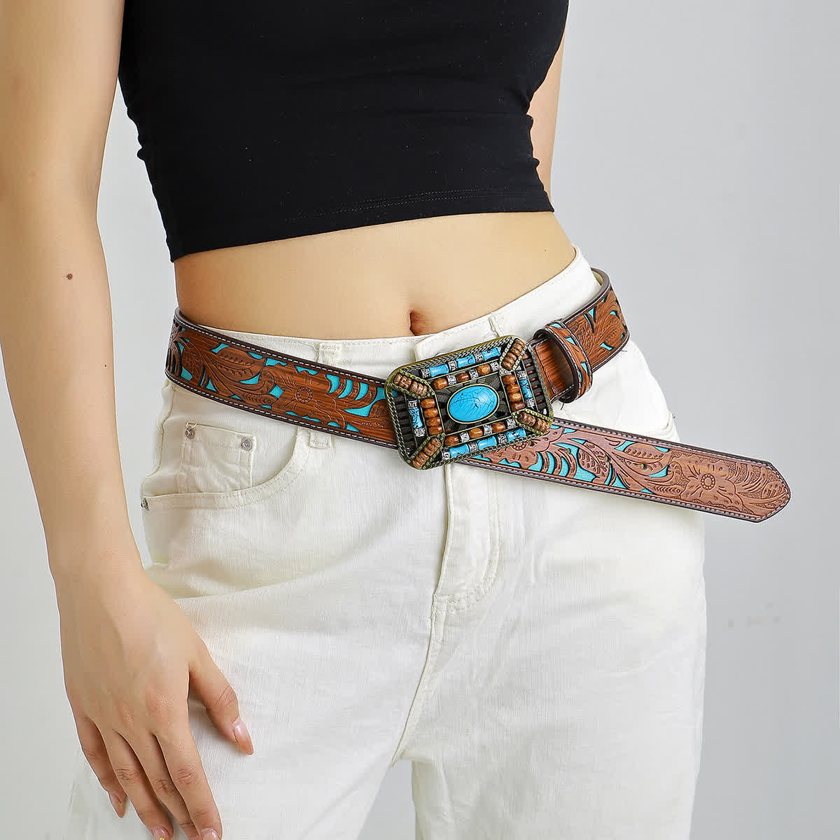 Women's Turquoise Wood Bead Buckle Engraved Leather Belt