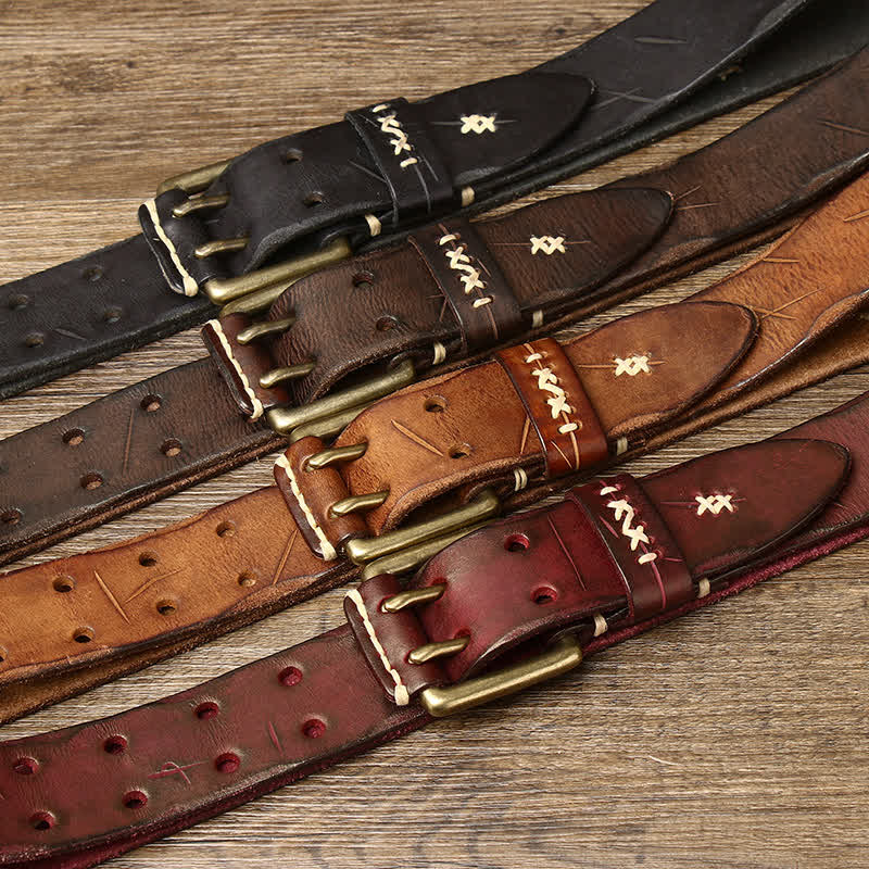 Men's Distressed Double Needle Buckle Leather Belt