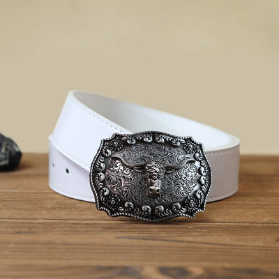 Men's DIY Longhorn Bull Antiqued Silver Buckle Leather Belt