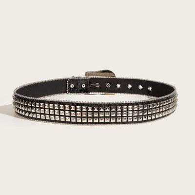 Women's Bead Chain Rhinestone Rivet Leather Belt