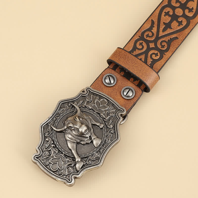 Men's Yak Matador Bull Engraved Floral Leather Belt