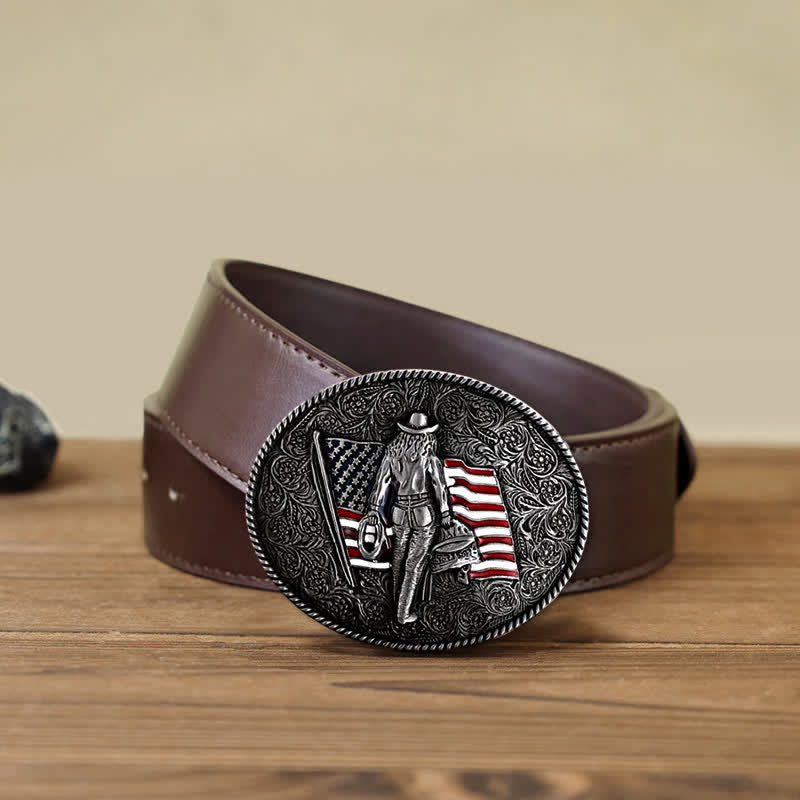 Men's DIY Cowboy American Flag Buckle Leather Belt