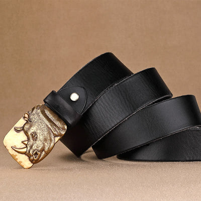 Men's Gold Rhino Plate Buckle Leather Belt