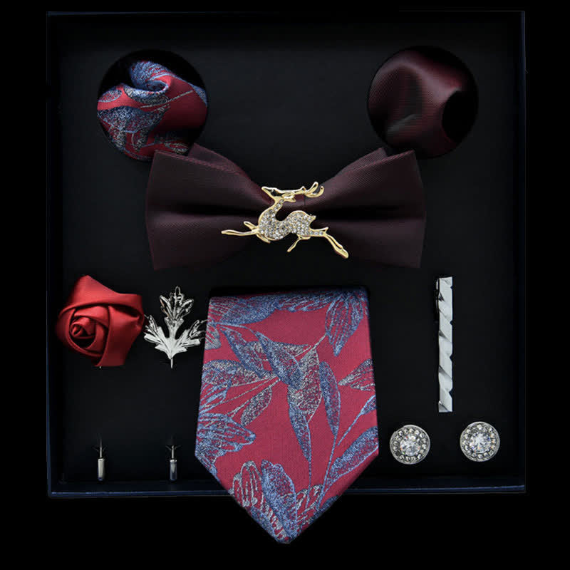 8Pcs Burgundy&VioletRed Floral Casual Necktie Bow Ties Gift Box