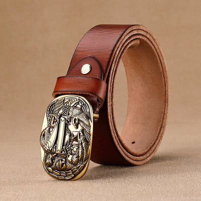 Men's Carved Flock of Eagles Head Buckle Leather Belt