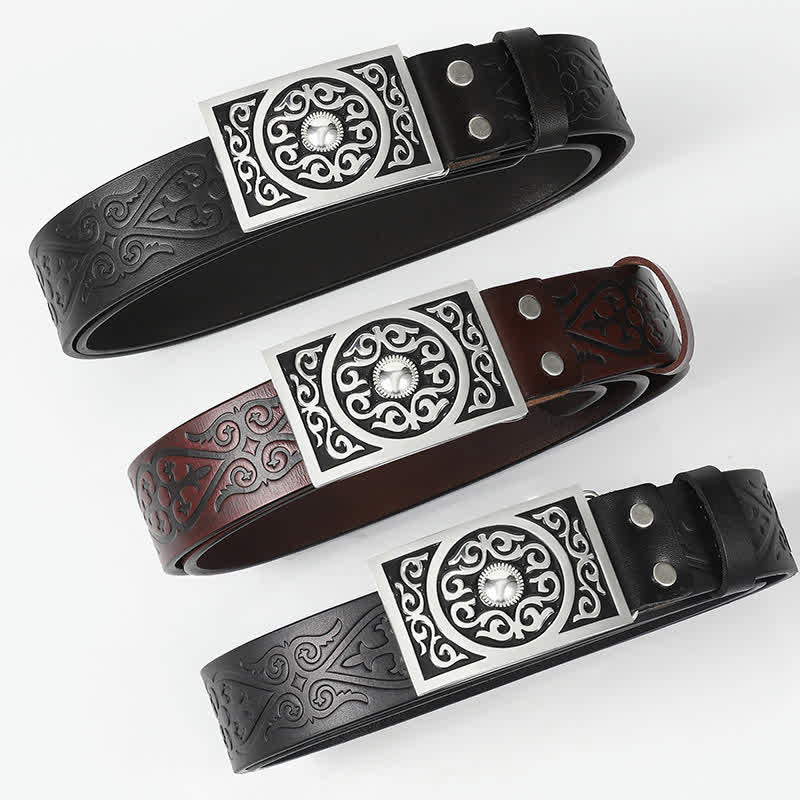 Western Carved Square Buckle Embossed Leather Belt