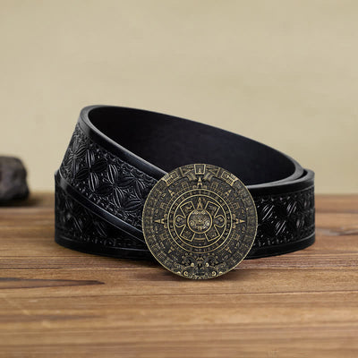 Men's DIY Aztec Mayan Big Round Buckle Leather Belt