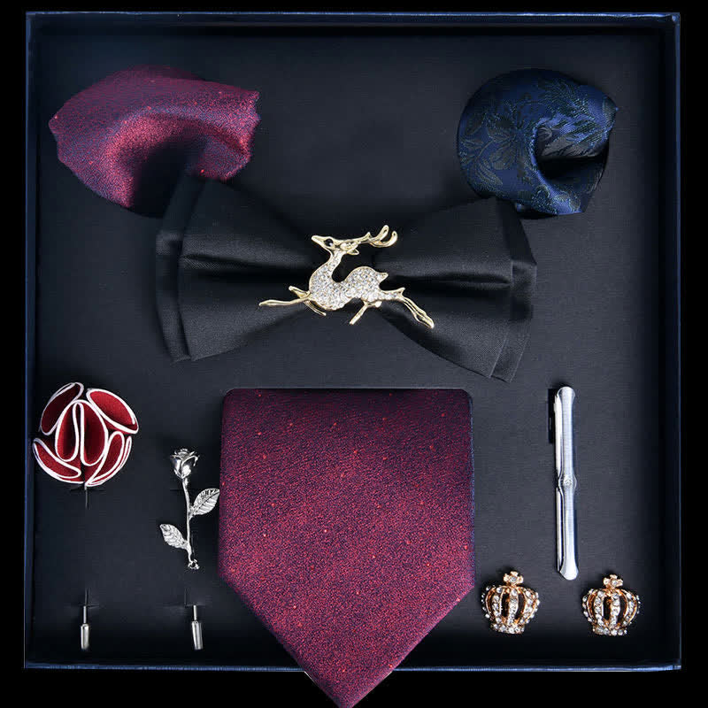 8Pcs Black&Burgundy Luxury Noble Print Bow Ties Gift Box