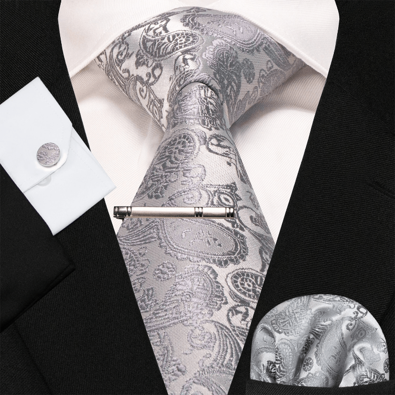 4Pcs Gray Men's Solid Paisley Necktie Set