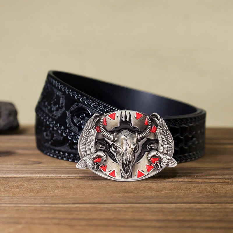 Men's DIY Vintage Bull & Dual Eagles Buckle Leather Belt