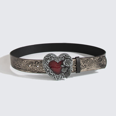 Women's Embossed Rose Red Enamel Heart Leather Belt