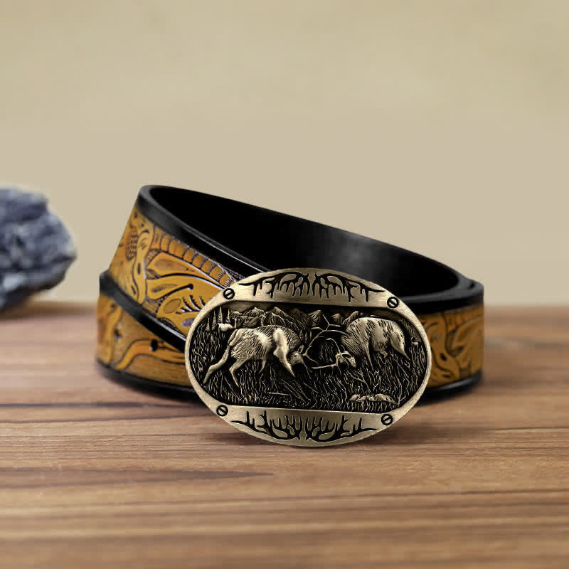 Men's DIY Wild Fighting Deer Buckle Western Leather Belt