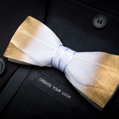 Gold & White Classic Feather Bow Tie with Lapel Pin