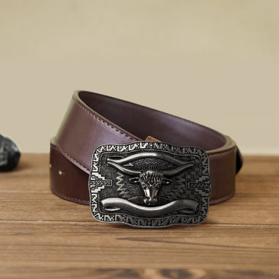 Men's DIY Silver Square Longhorn Bull Buckle Leather Belt
